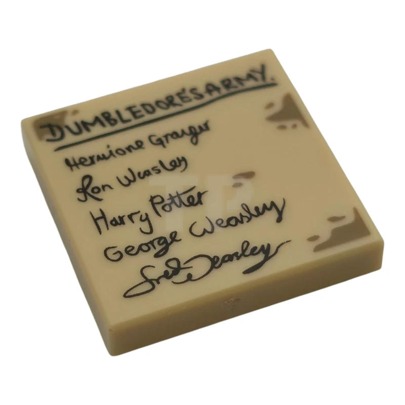 LEGO&reg; 6560599 - 3068pb2696 - Tile 2 x 2 with Black 'DUMBLEDORE'S ARMY' 'Hermione Granger' 'Ron Weasley' 'Harry Potter' 'George Weasley' 'Fred Weasley' with Dark Tan Dirt Marks Pattern