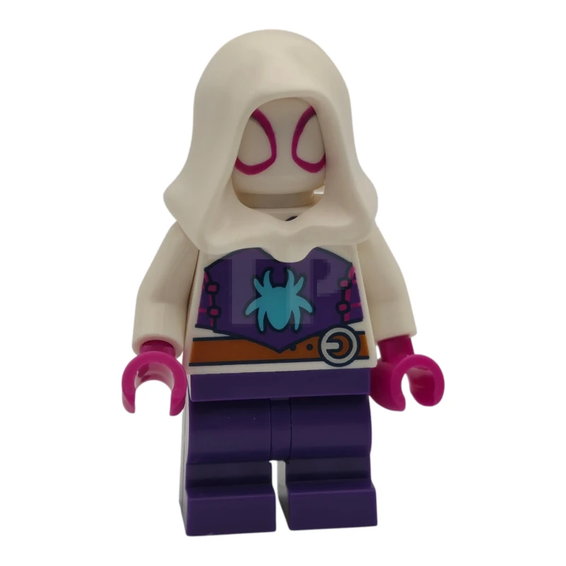 LEGO&reg; sh1117 Ghost-Spider (Gwen Stacy) - Dark Purple Medium Legs, White Hood, Medium Azure Spider Logo, Dark Orange Belt