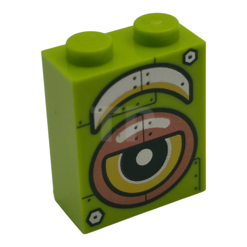 LEGO&reg;  - 3245cpb291 - Brick 1 x 2 x 2 with Inside Stud Holder with Yellow Robot Eye and Eyebrow with Copper and Silver Armor Plates and Black Rivets Pattern