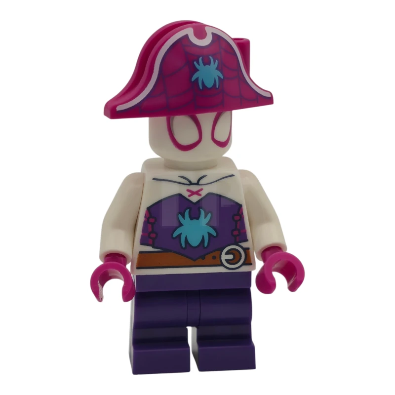 LEGO&reg; sh1109 Ghost-Spider (Gwen Stacy) - Piernas moradas oscuras de tamaño mediano, sombrero de pirata magenta, logotipo de araña azul celeste de tamaño mediano, cinturón naranja oscuro