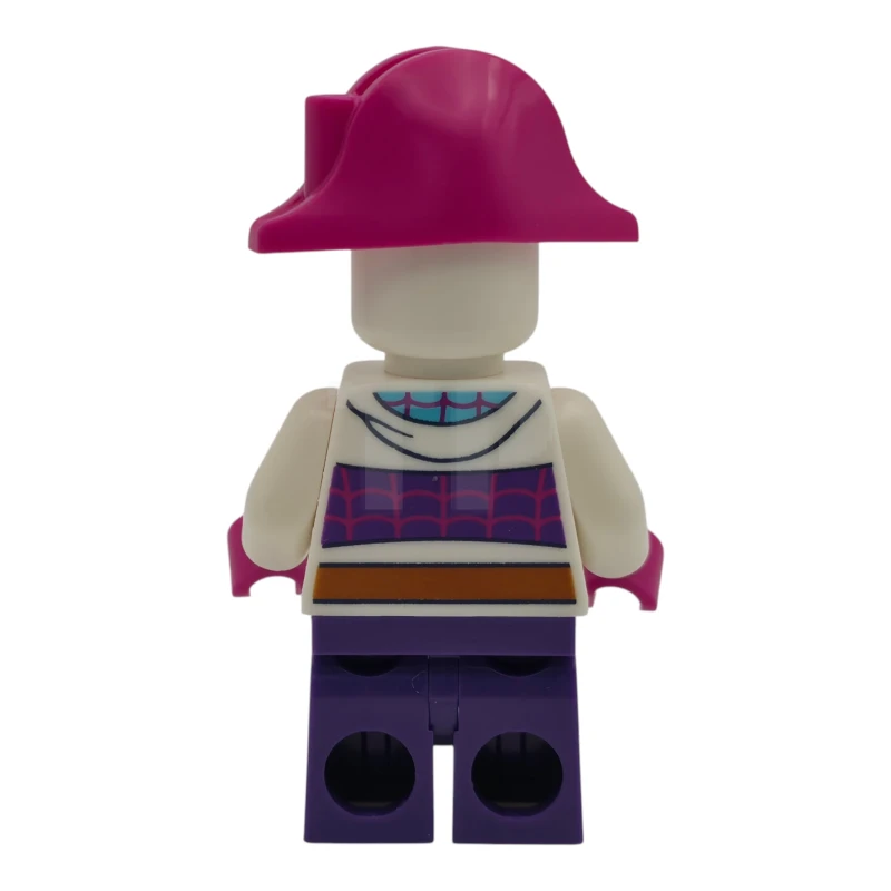 LEGO&reg; sh1109 Ghost-Spider (Gwen Stacy) - Piernas moradas oscuras de tamaño mediano, sombrero de pirata magenta, logotipo de araña azul celeste de tamaño mediano, cinturón naranja oscuro