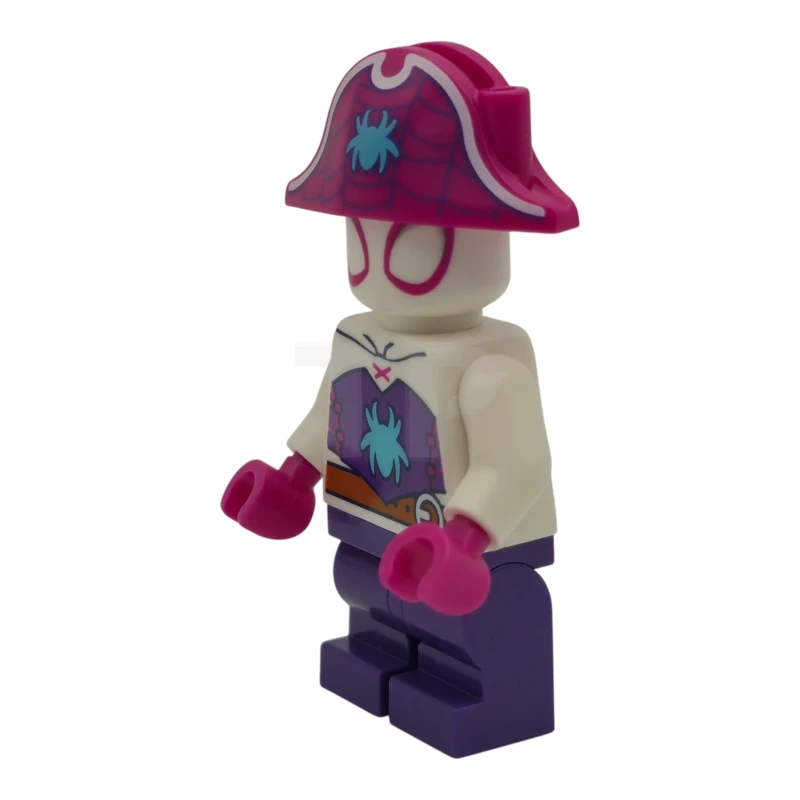 LEGO&reg; sh1109 Ghost-Spider (Gwen Stacy) - Piernas moradas oscuras de tamaño mediano, sombrero de pirata magenta, logotipo de araña azul celeste de tamaño mediano, cinturón naranja oscuro