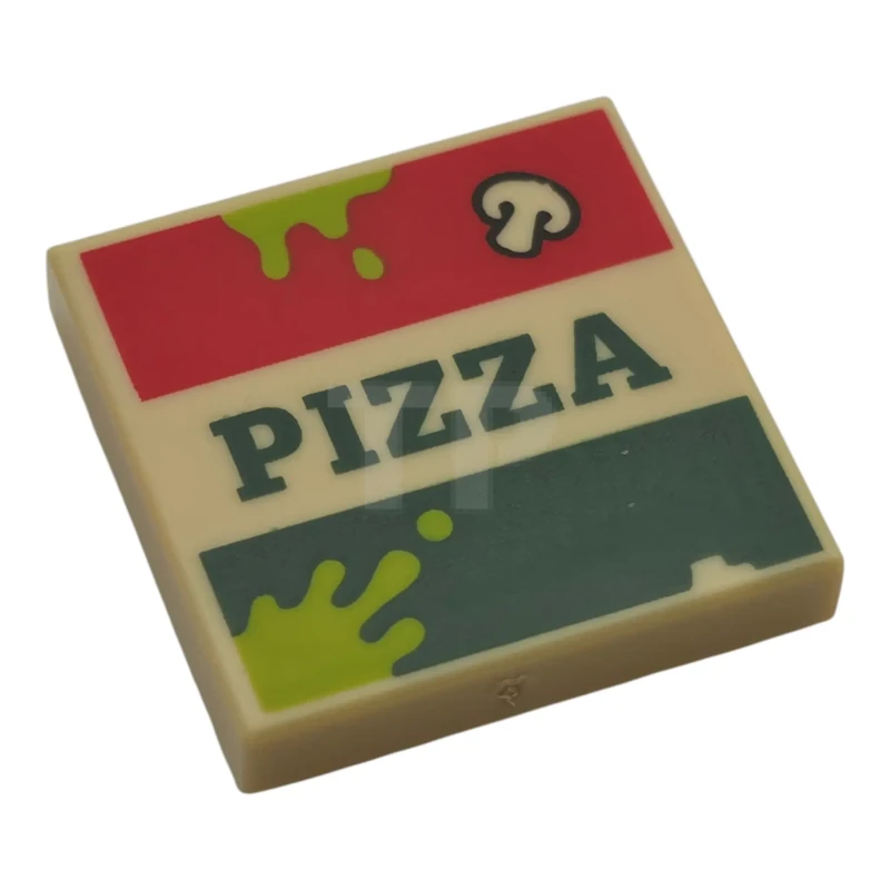 LEGO&reg; 6589692 - 3068pb2814 - Tile 2 x 2 with Garbage Pizza Box, Red and Dark Green Stripes 'PIZZA', Mushroom, Lime Splotches Pattern