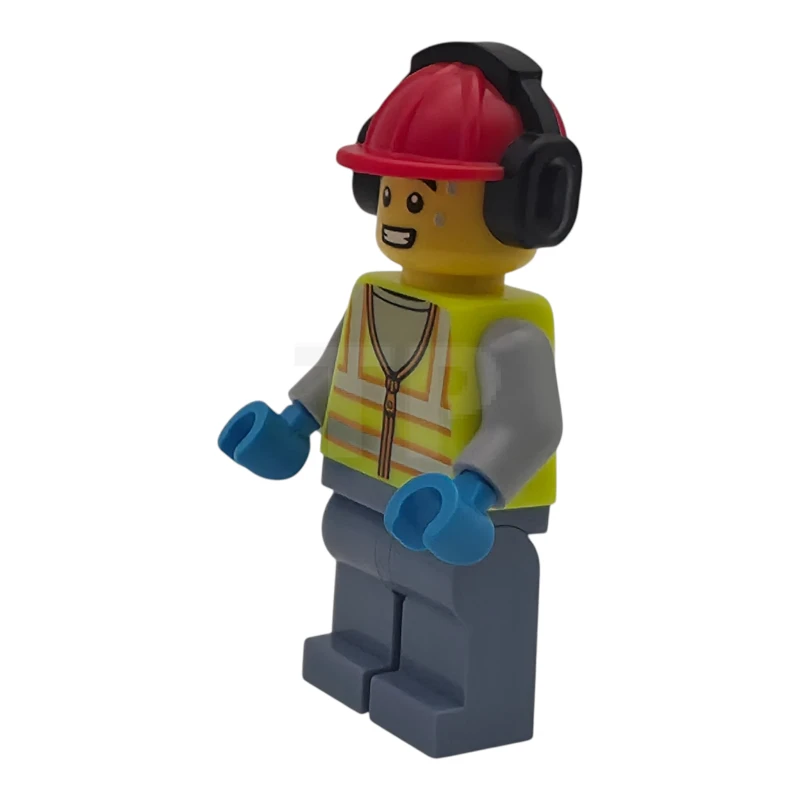 LEGO&reg; cty2007 Airport Worker - Male, Neon Yellow Safety Vest with Reflective Stripes, Sand Blue Legs, Red Construction Helmet with Black Ear Protectors / Headphones