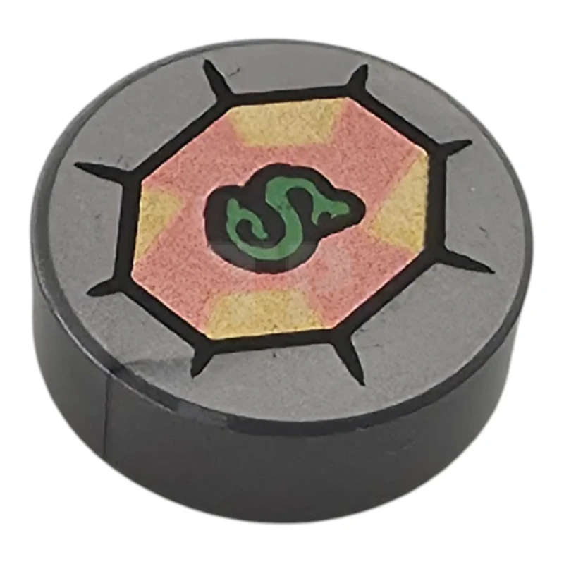 LEGO&reg; 98138pb472 -  - Tile, Round 1 x 1 with Green Letter S Snake on Gold and Copper Jewel with Black Outlines Pattern (HP Slytherin's Locket)