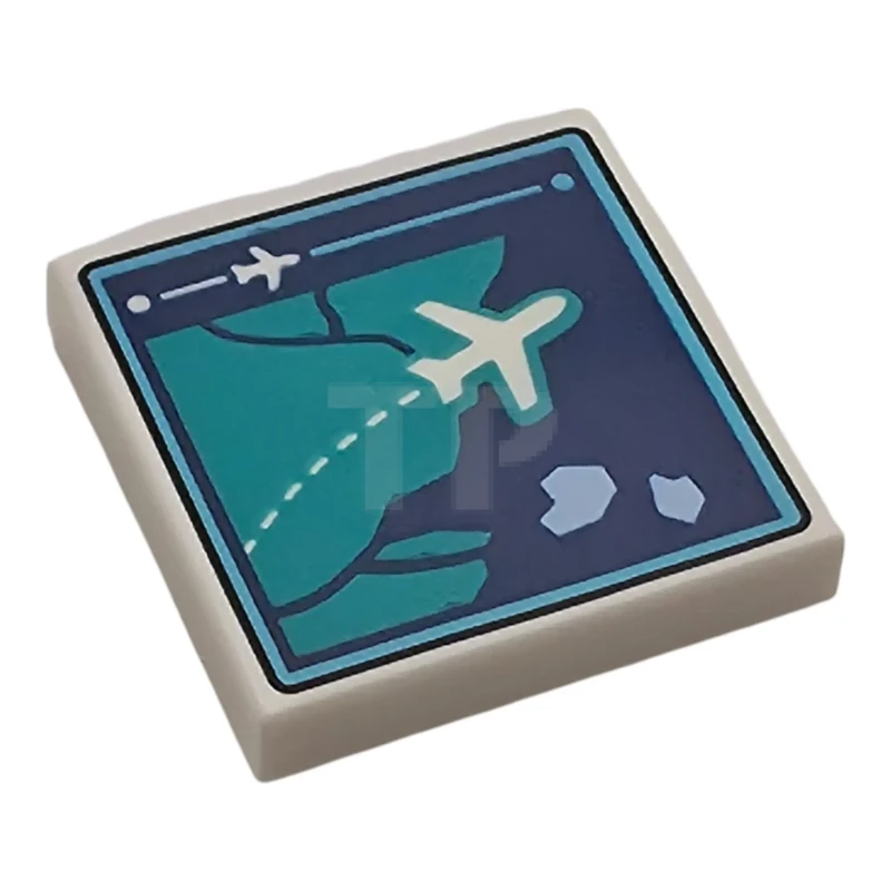 LEGO&reg; 6599847 - 3068pb2817 - Tile 2 x 2 with Flight Status Monitor, White Plane over Dark Blue Water, Dark Turquoise Land Pattern