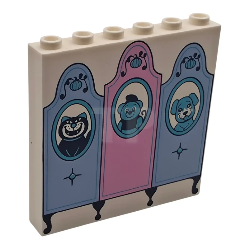 LEGO&reg; 6612668 - 59349pb442 - Panel 1 x 6 x 5 with Bright Light Blue and Bright Pink Headboards, Medium Azure Pumpkins and Oval Frame Portraits of Lucifer, Gus and Bruno Pattern