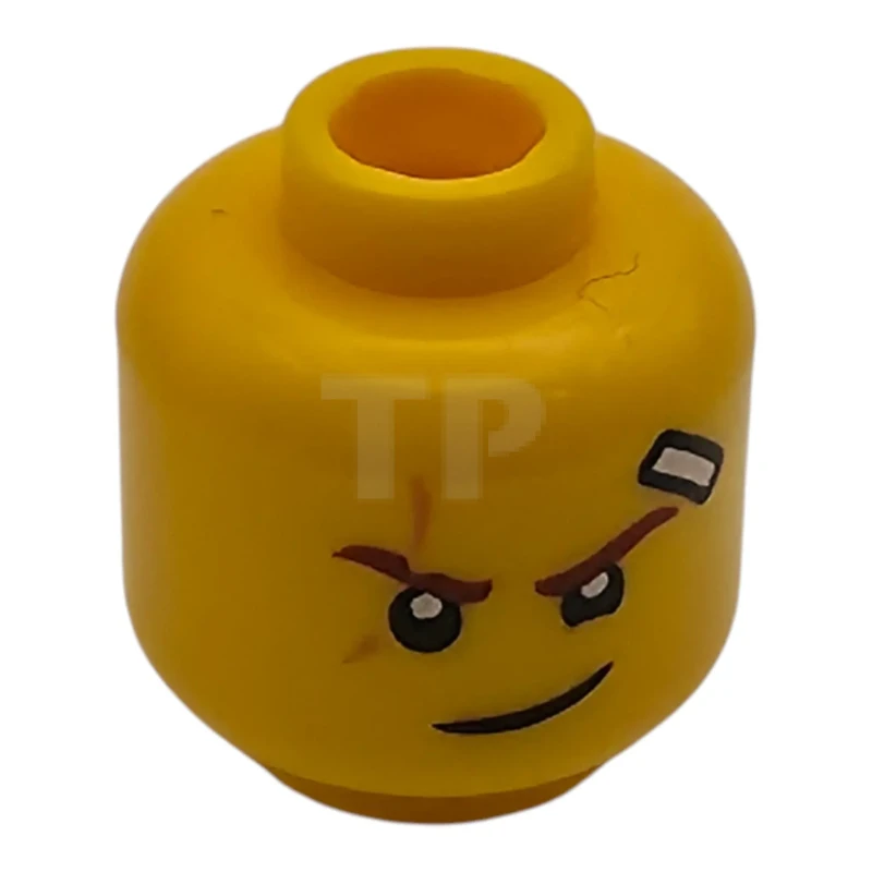 LEGO&reg; 6434427 - 3626pb3366 - Mini-figurine, tête à double face avec des sourcils brun-rougeâtre, cicatrice couleur nougat, bandage blanc, sourire de travers / Masque noir et rouge avec des trous pour les yeux jaune clair, grimace à bouche ouverte avec motif de dents