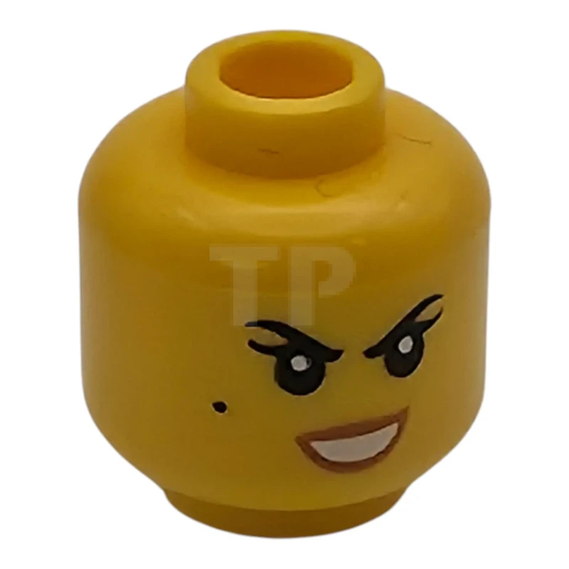 LEGO&reg; 6434431 - 3626pb3365 - Minifigura, cabeza de mujer con dos caras: cejas negras, pestañas, lunar, labios color turrón medio, sonrisa con la boca abierta y los dientes a la vista / máscara negra y azul medio con ojos color aguamarina claro, expresión de ceño fruncido