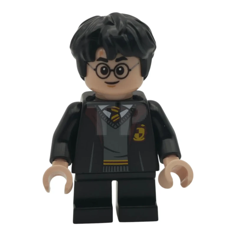 LEGO&reg; hp624 Harry Potter - Gryffindor-mantel open, zwarte korte broek, grijns / roodbruine wenkbrauwen
