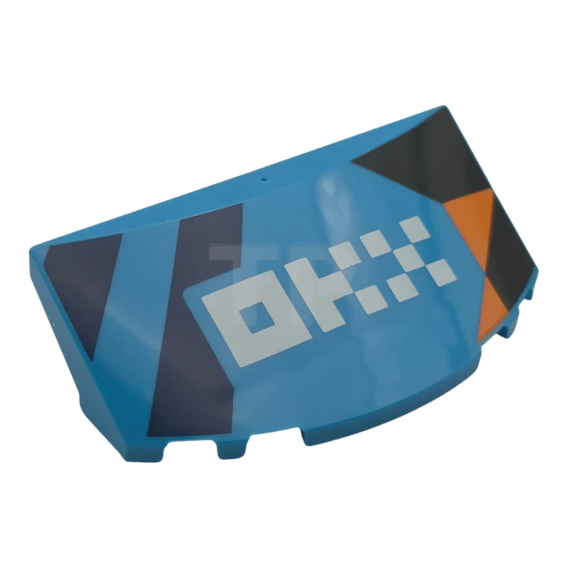 LEGO&reg; 6611237 - 7304pb04 - Windscreen 3 x 6 x 1 1/3 Curved with Dark Blue Diagonal Stripes, Black Quadrilaterals, Orange Triangles and Stylized White 'OKX' Pattern