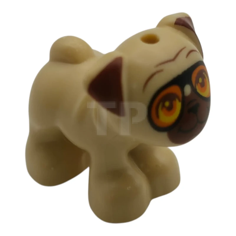 LEGO&reg; 6581647 - 24111pb12 - Dog, Mini Doll Style, Pug, Standing with Reddish Brown Muzzle, Ears and Wrinkles, Bright Pink Tongue and Orange Sunglasses with Black Frames Pattern (Friends Dango)