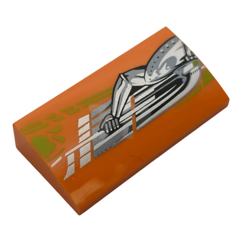 LEGO&reg; 6614364 - 88930pb217R - Slope, Curved 2 x 4 x 2/3 with Bottom Tubes with Lime Stripes, Silver and Dark Silver Toyota Supra MK4 Mechanical Arm and Hand Pattern Model Right Side