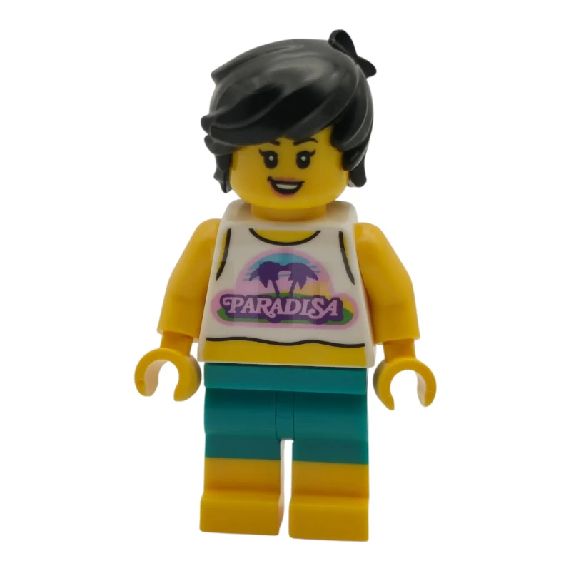 LEGO&reg; cty2014 Surfer - Female, White Tank Top Cropped, Dark Turquoise Shorts, Black Hair Short Tousled