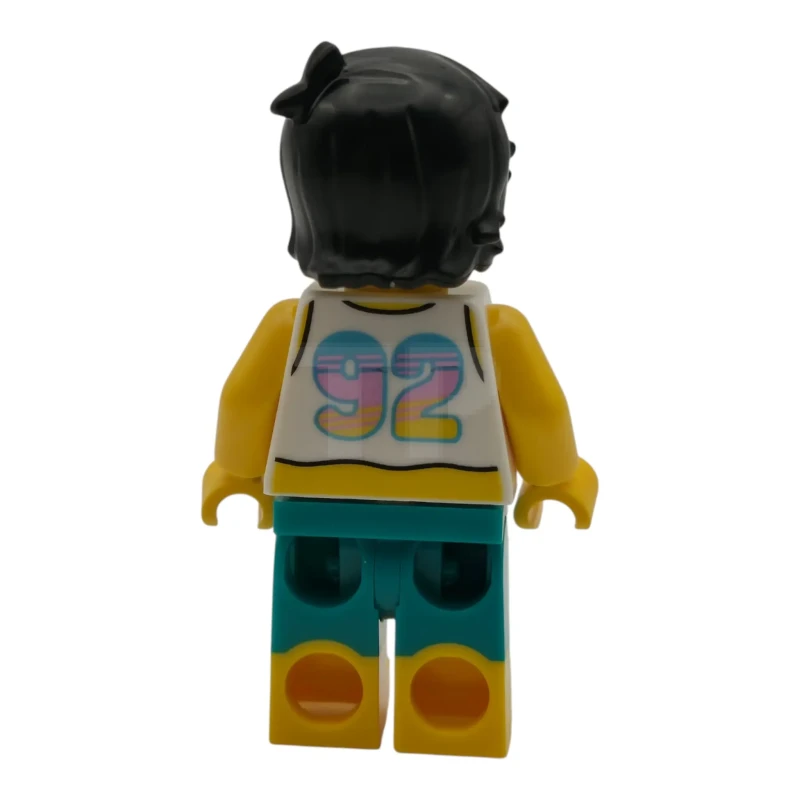 LEGO&reg; cty2014 Surfer - Female, White Tank Top Cropped, Dark Turquoise Shorts, Black Hair Short Tousled