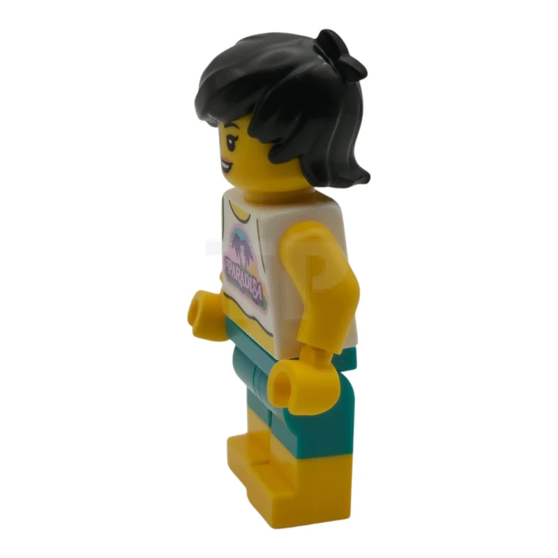 LEGO&reg; cty2014 Surfer - Female, White Tank Top Cropped, Dark Turquoise Shorts, Black Hair Short Tousled