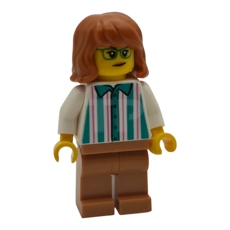 LEGO&reg; cty2015 Ice Cream Vendor - Female, White Shirt with Dark Turquoise Stripes, Medium Nougat Legs, Dark Orange Hair, Green Glasses