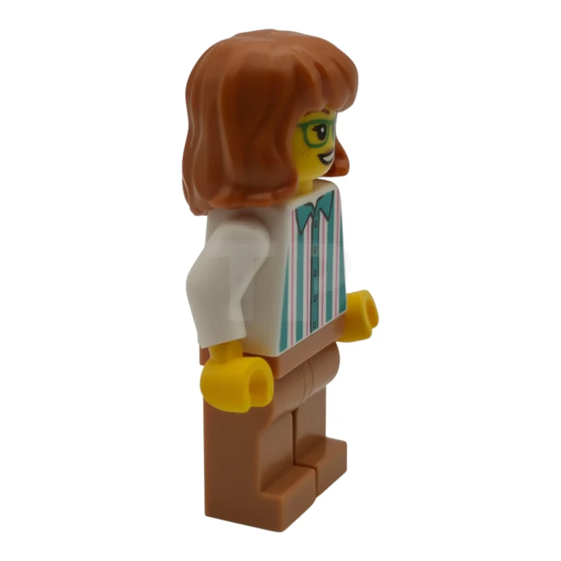 LEGO&reg; cty2015 Ice Cream Vendor - Female, White Shirt with Dark Turquoise Stripes, Medium Nougat Legs, Dark Orange Hair, Green Glasses