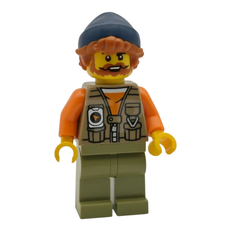 LEGO&reg; cty2013 Pêcheur - Gilet marron foncé par-dessus une chemise orange, jambes vert olive, bonnet bleu foncé, cheveux orange foncé