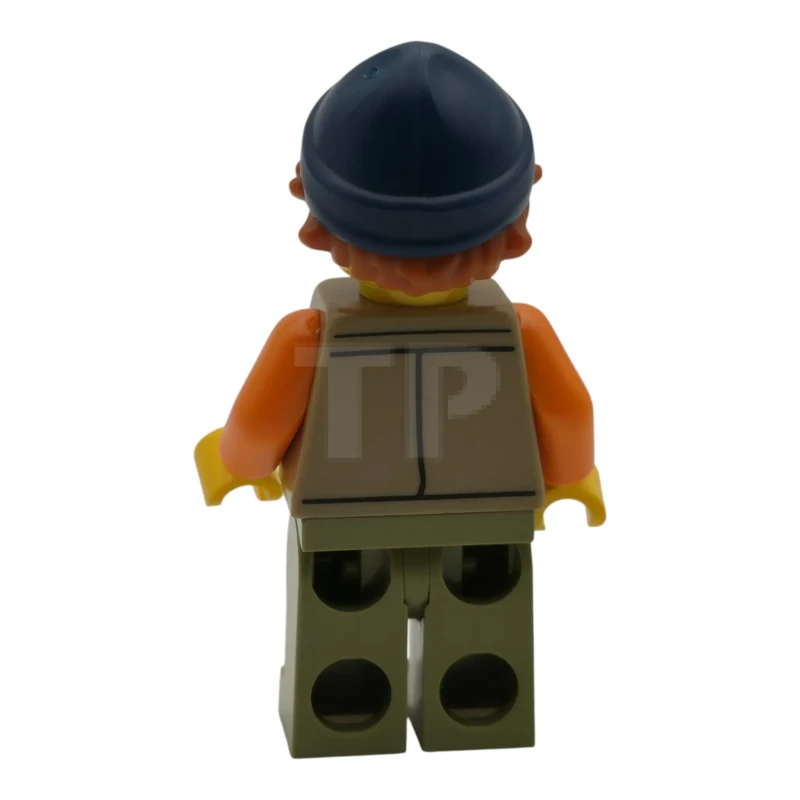 LEGO&reg; cty2013 Pêcheur - Gilet marron foncé par-dessus une chemise orange, jambes vert olive, bonnet bleu foncé, cheveux orange foncé