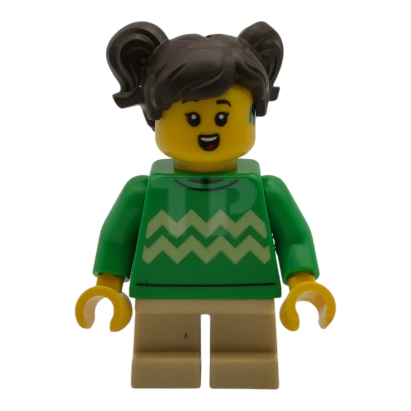 LEGO&reg; cty2020 Child - Girl, Bright Green Sweater with Bright Light Yellow Zigzag Lines, Hearing Aid, Tan Short Legs, Dark Brown Hair with Pigtails