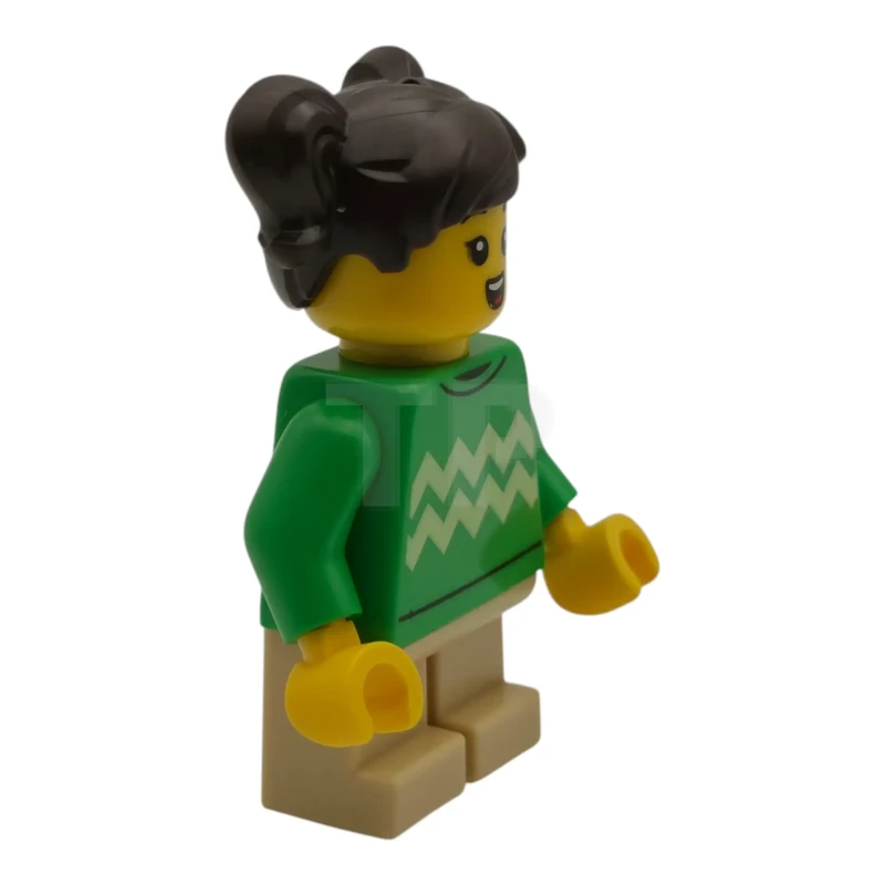 LEGO&reg; cty2020 Child - Girl, Bright Green Sweater with Bright Light Yellow Zigzag Lines, Hearing Aid, Tan Short Legs, Dark Brown Hair with Pigtails