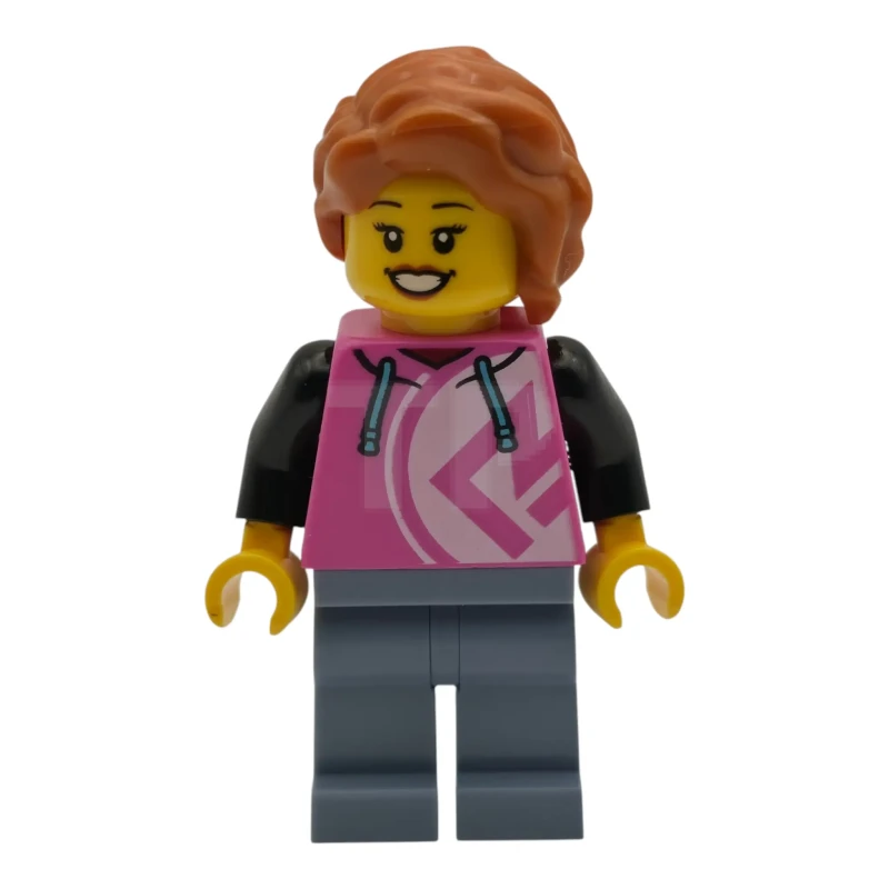 LEGO&reg; cty2019 Bezoekster van een pizzeria – Vrouw, donkerroze hoodie, zandblauwe broek, donkeroranje haar