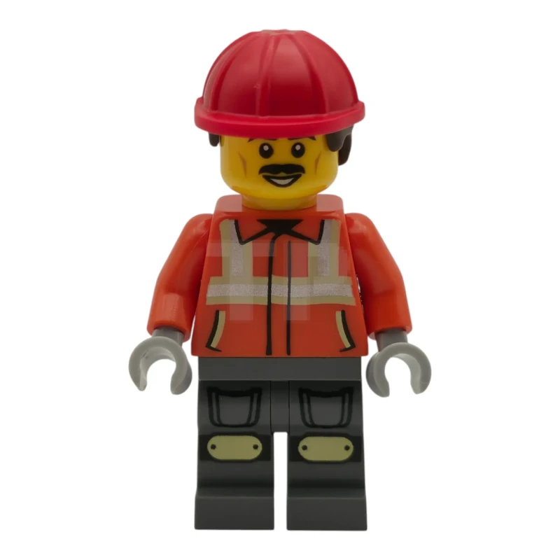 LEGO&reg; cty2046 Ouvrier du bâtiment - Homme, gilet de sécurité orange roux avec bandes réfléchissantes, pantalons gris bleuâtre foncé avec genouillères, casque de chantier rouge, cheveux courts et bouclés brun foncé, moustache