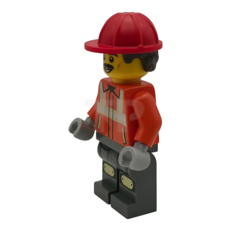 LEGO&reg; cty2046 Ouvrier du bâtiment - Homme, gilet de sécurité orange roux avec bandes réfléchissantes, pantalons gris bleuâtre foncé avec genouillères, casque de chantier rouge, cheveux courts et bouclés brun foncé, moustache