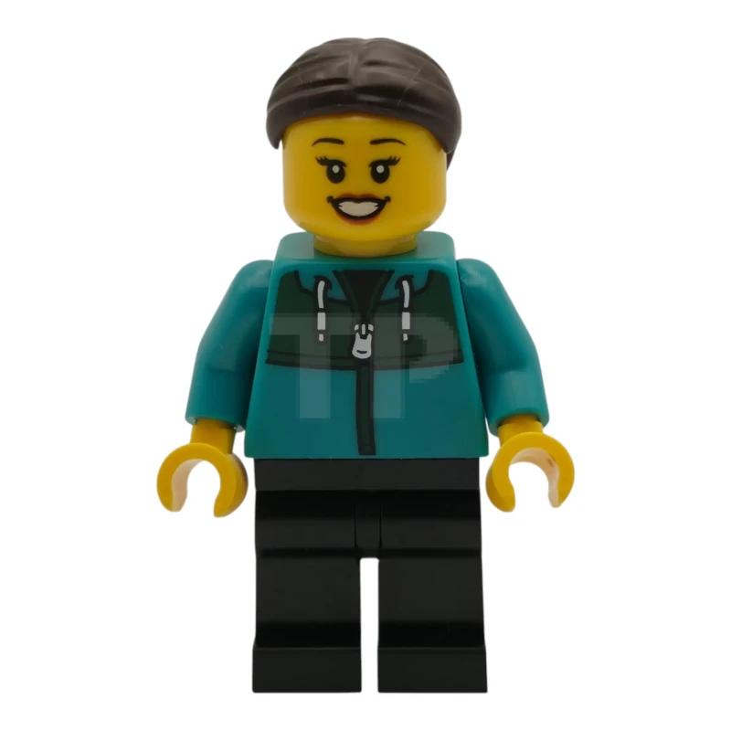 LEGO&reg; cty2037 Car Wash Patron - Female, Dark Turquoise Track Suit, Black Legs, Dark Brown Hair