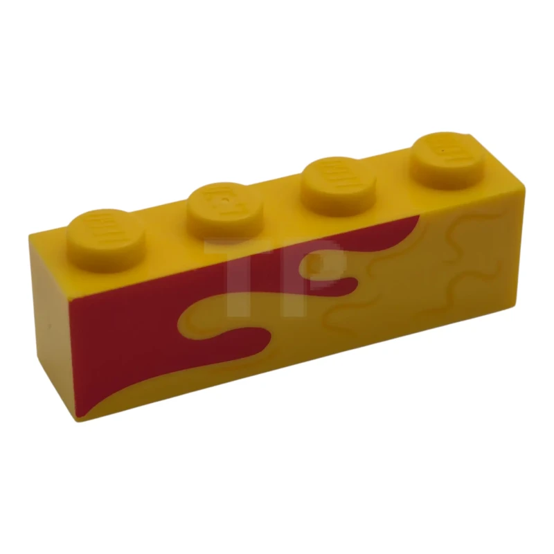 LEGO&reg; 6599854 - 3010pb381R - Brick 1 x 4 with Red and Bright Light Orange Wavy Lines Pattern Model Right Side