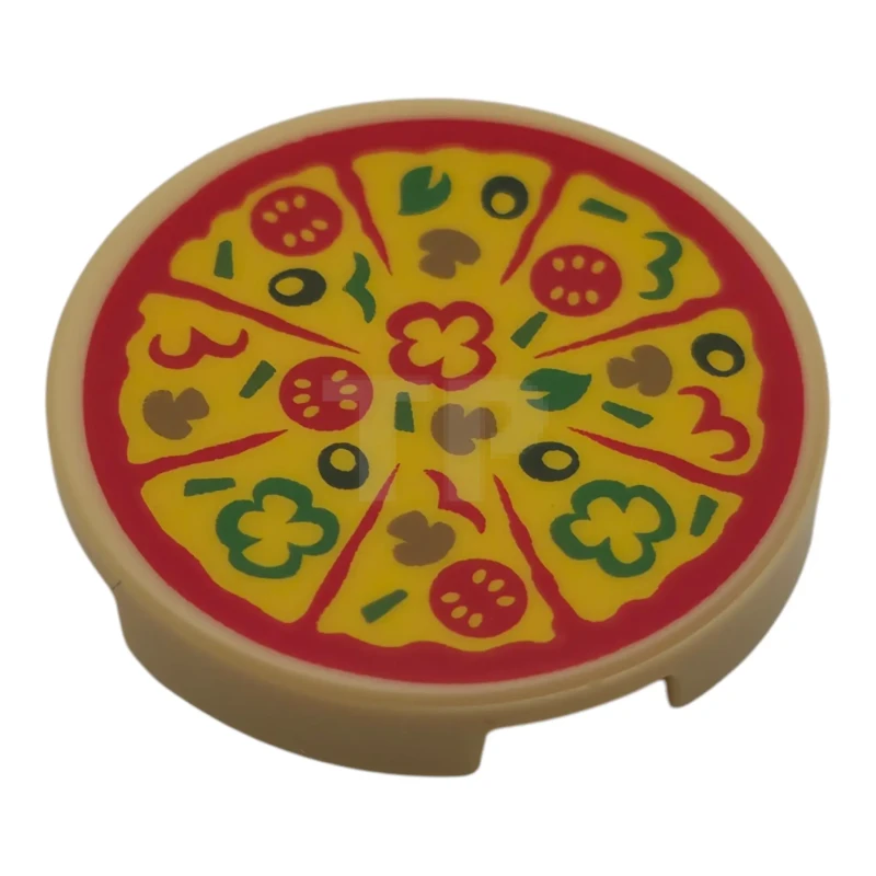 LEGO&reg; 6614159 - 14769pb858 - Piastrelle rotonde 2 x 2 con supporto a borchia nella parte inferiore, con motivo raffigurante una pizza affettata con salsa di pomodoro rossa e pomodori, formaggio giallo, peperoni verdi e foglie di basilico, olive verde scuro e funghi marrone scuro