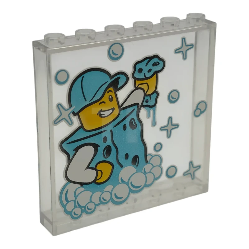 LEGO&reg; 6599857 - 59349pb443 - Paneel 1 x 6 x 5 met minifiguurtje uit de autowasstraat, inclusief kostuum, middelblauwe hoed, witte zeepbellen en een patroon met glitters