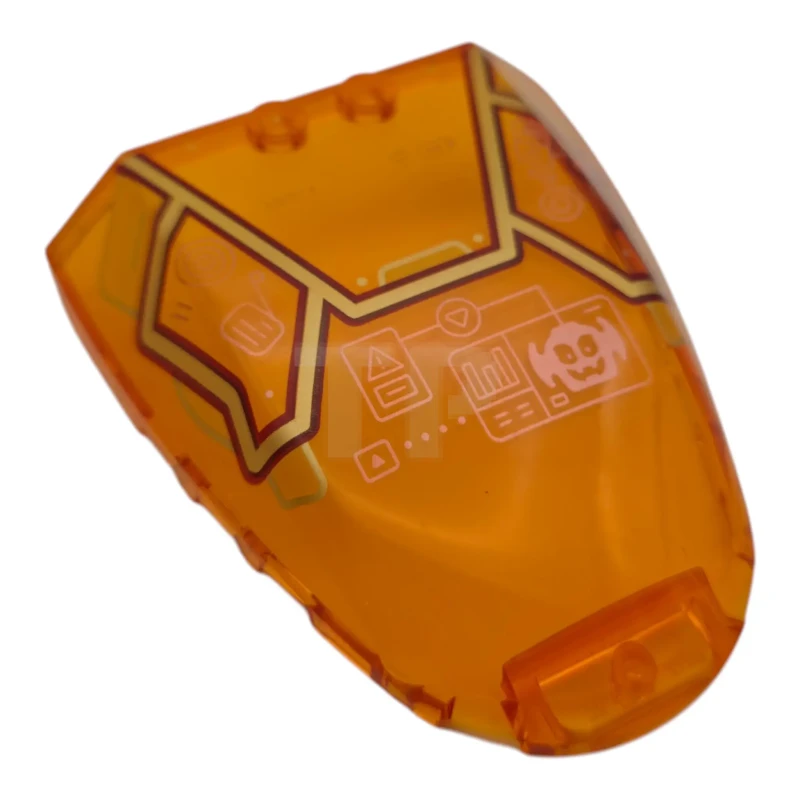 LEGO&reg; 80222pb05 - 6606993 - Windscreen 6 x 7 x 1 1/3 with Gold and Dark Red Frame, Copper Head-Up Display (HUD), Battery Indicator and '1001T'  Pattern