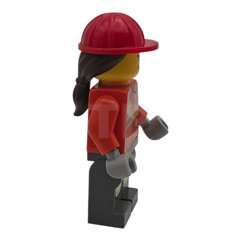 LEGO&reg; cty2010 Construction Worker - Female, Reddish Orange Safety Jacket with Reflective Stripes, Dark Bluish Gray Legs with Knee Pads, Red Construction Helmet with Dark Brown Ponytail Hair, Smirk