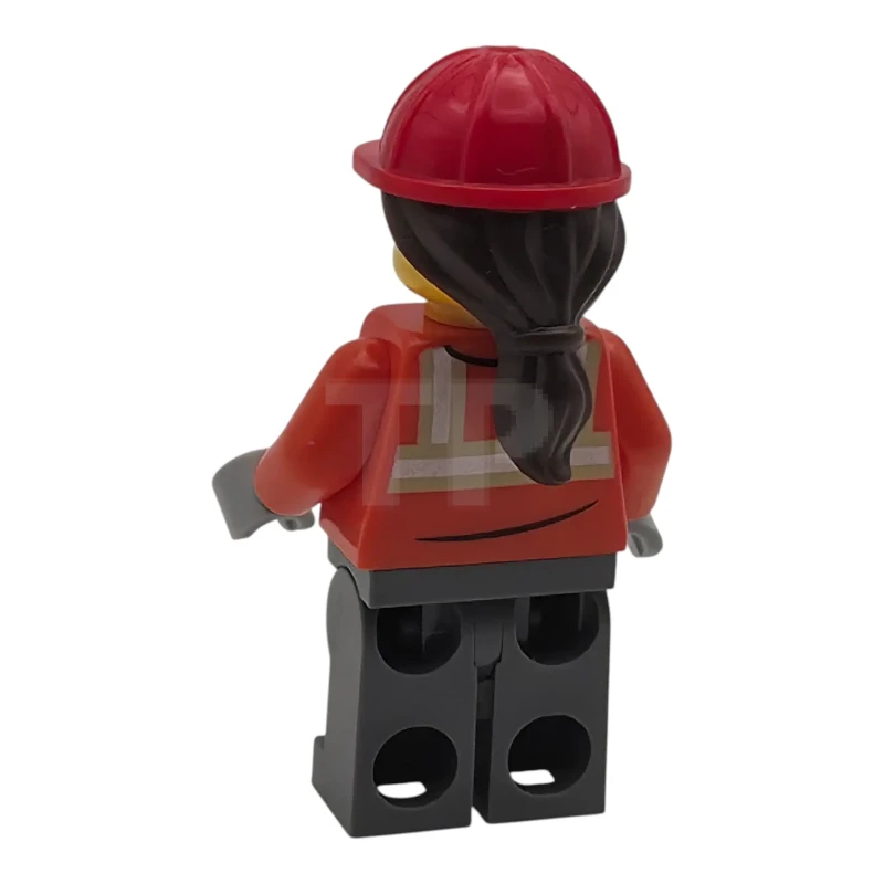 LEGO&reg; cty2010 Construction Worker - Female, Reddish Orange Safety Jacket with Reflective Stripes, Dark Bluish Gray Legs with Knee Pads, Red Construction Helmet with Dark Brown Ponytail Hair, Smirk