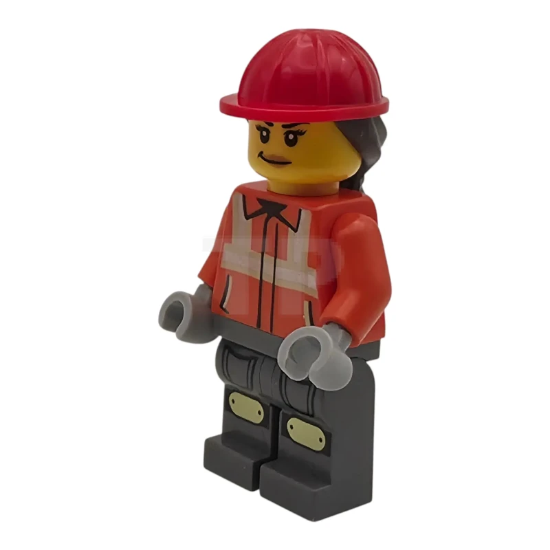 LEGO&reg; cty2010 Construction Worker - Female, Reddish Orange Safety Jacket with Reflective Stripes, Dark Bluish Gray Legs with Knee Pads, Red Construction Helmet with Dark Brown Ponytail Hair, Smirk