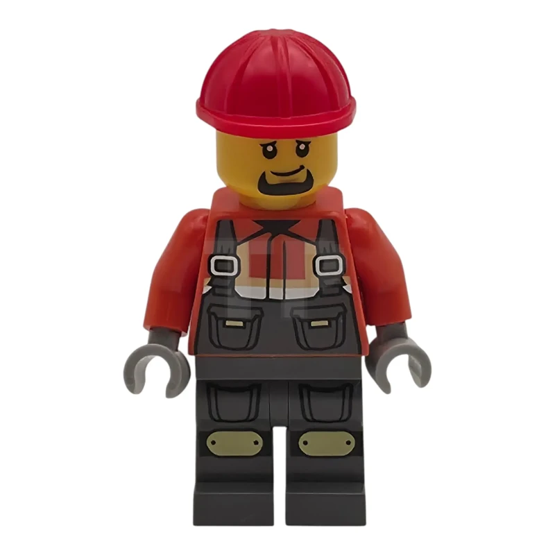 LEGO&reg; cty2009 Construction Worker - Male, Dark Bluish Gray Overalls over Reddish Orange Safety Jacket with Reflective Stripes, Dark Bluish Gray Legs with Knee Pads, Red Construction Helmet, Goatee