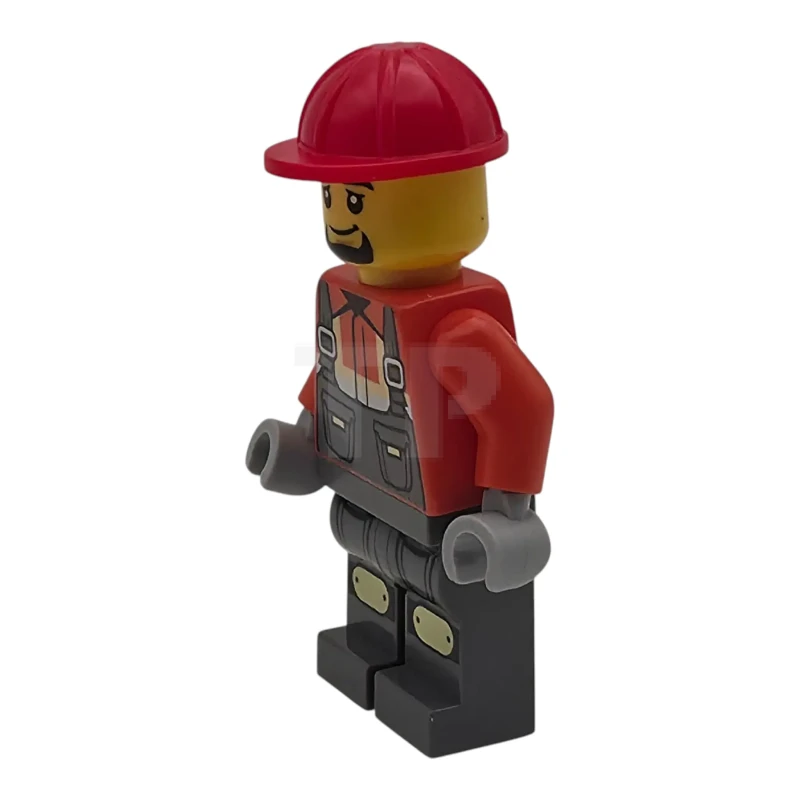 LEGO&reg; cty2009 Construction Worker - Male, Dark Bluish Gray Overalls over Reddish Orange Safety Jacket with Reflective Stripes, Dark Bluish Gray Legs with Knee Pads, Red Construction Helmet, Goatee