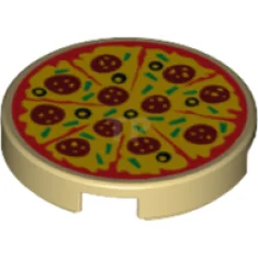 Tile, Round 2 x 2 with Bottom Stud Holder with Sliced Pizza with Red Tomato Sauce, Yellow Cheese, Dark Red Pepperoni, Black Olives and Green Bell Peppers Pattern