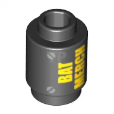 Brick 1 x 1 Round with 'BAT MERCH' and Screws Pattern, Open Stud