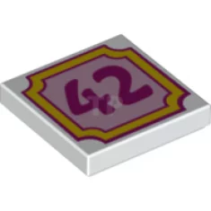 Fliese 2 x 2 mit dunkelrosa Zahl "42" auf rosa Hintergrund in gelbem, geometrischem Rahmenmuster