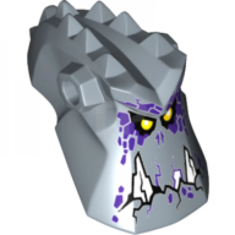 LEGO&reg; 6174261 - 24304pb02 - Minifiguur, hoofd aangepast buitenaards wezen met stekels bovenop en gaten aan de zijkanten met twee gekartelde witte tanden, gele ogen en donkerpaarse vlekkenpatroon (Grimroc)