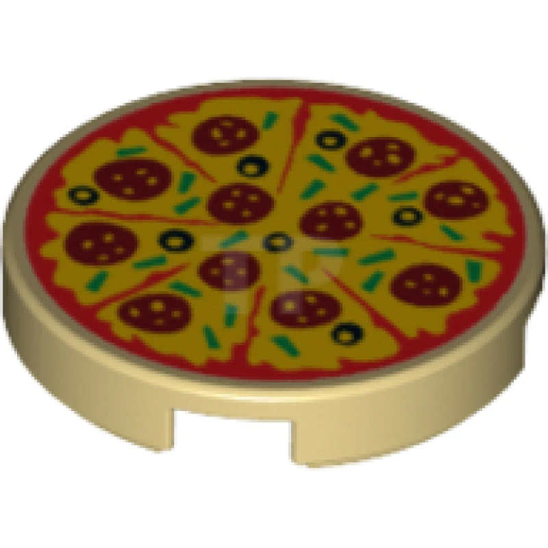 LEGO&reg; 6174830 - 14769pb0160 - Piastrelle rotonde 2 x 2 con supporto a borchia nella parte inferiore, con motivo a fetta di pizza con salsa di pomodoro rossa, formaggio giallo, salame piccante rosso scuro, olive nere e peperoni verdi