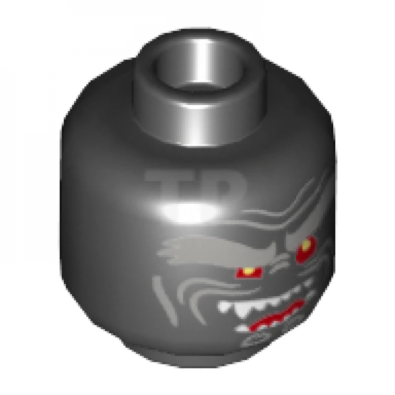 LEGO&reg; 6194096 - 3626cpb1917 - Minifigur, Kopf Alien mit hellbläulich-grauen, buschigen Augenbrauen, roten Augen, offenem Mund, schiefem Lächeln, rechts aufgerichtet mit Reißzähnen - Noppenmuster